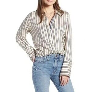 SOMETHING NAVY Ivory Blue Striped Wide Cuff Collared Button Up Top SIZE SMALL